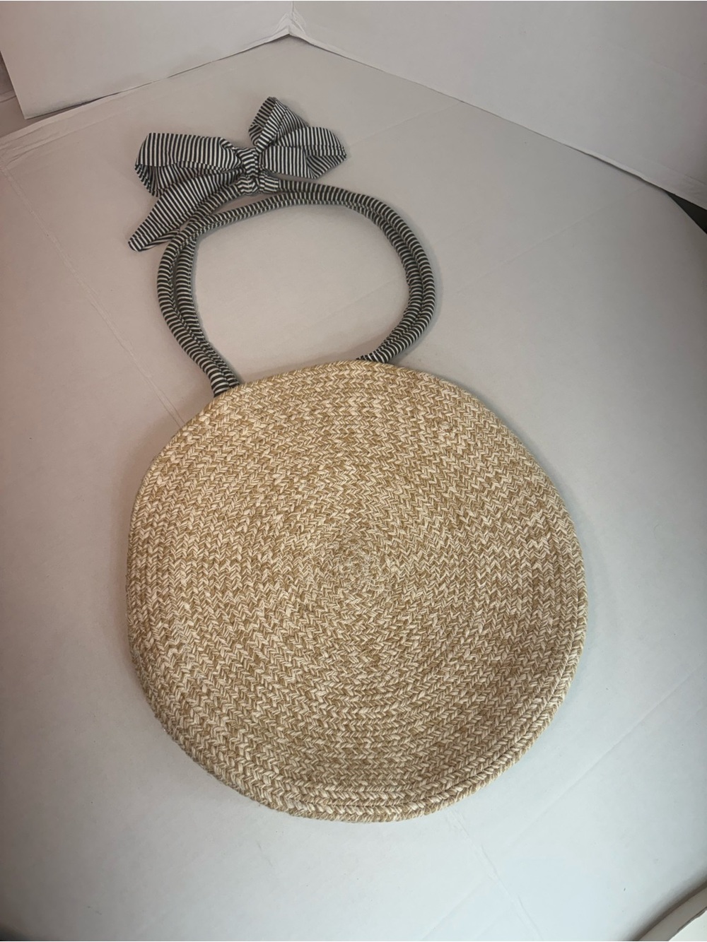 Round Straw Beach Bag with Striped Bow Handle